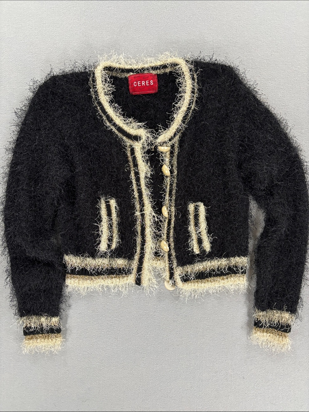 CERES Black Fuzzy Cropped Cardigan with Cream Trim S